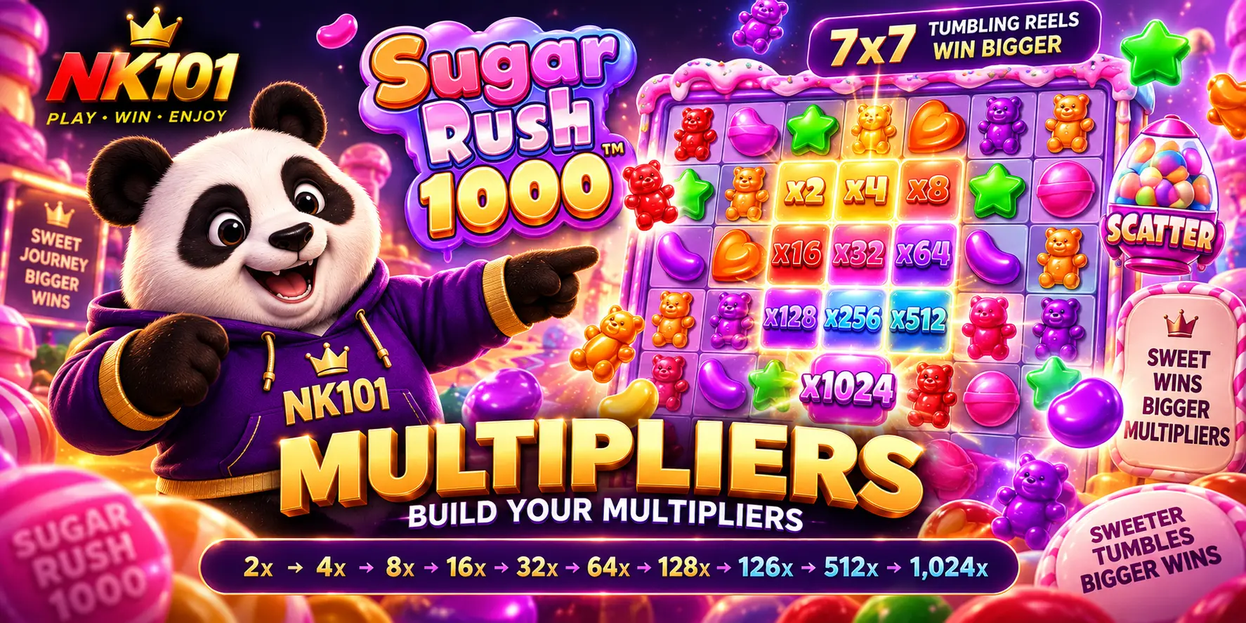 x2 देखि x1,024 सम्म दोब्बर हुने Sugar Rush 1000 का मल्टिप्लायर स्पट